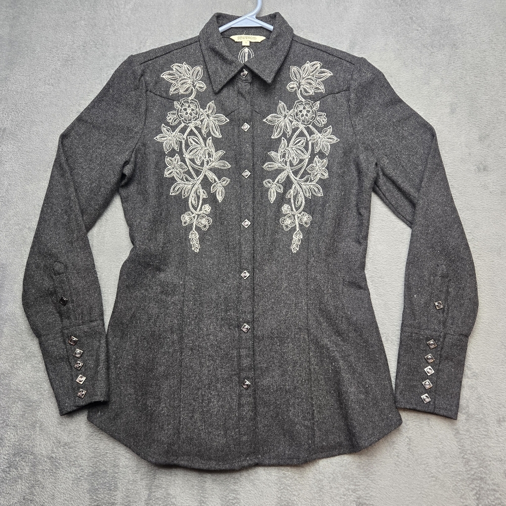 STETSON Women's Wool Blend Pearl Snap Floral Western Shirt Small S Grey Long